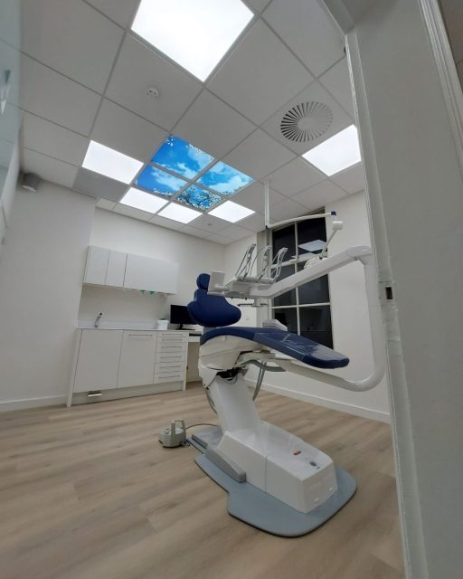 Dental treatment room lights with photo panels. Dentist room with dentled LED