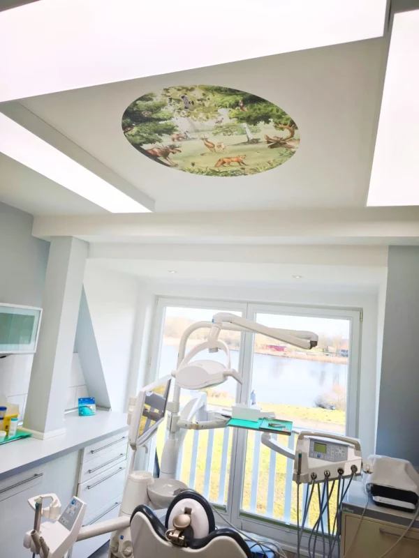 Bright dental treatment room at Zahnarztpraxis Wendland equipped with DL120 full spectrum 5000K LED panels and calming ceiling imagery for a comfortable patient experience.