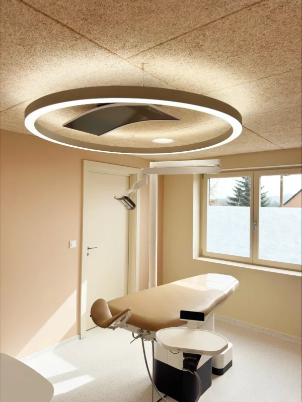 Dental treatment room at Dr. Dominguez Dental Clinic illuminated with Dentled PVR150 5000K full spectrum LED ring light for precise dental work.