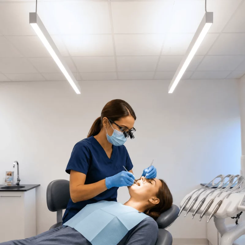 Ergonomic dental treatment room lighting improving visual comfort and reducing eye strain for dentists