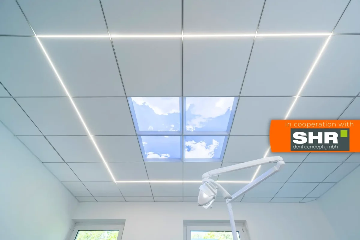 High-resolution Dentled photo ceiling lighting enhancing comfort in a modern dental practice.