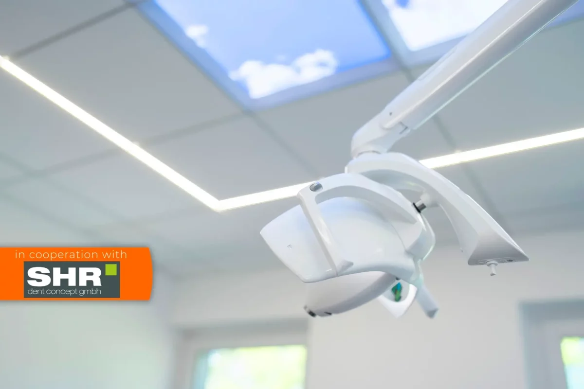 Contemporary oral surgery clinic interior featuring Dentled photo LED ceiling visuals.