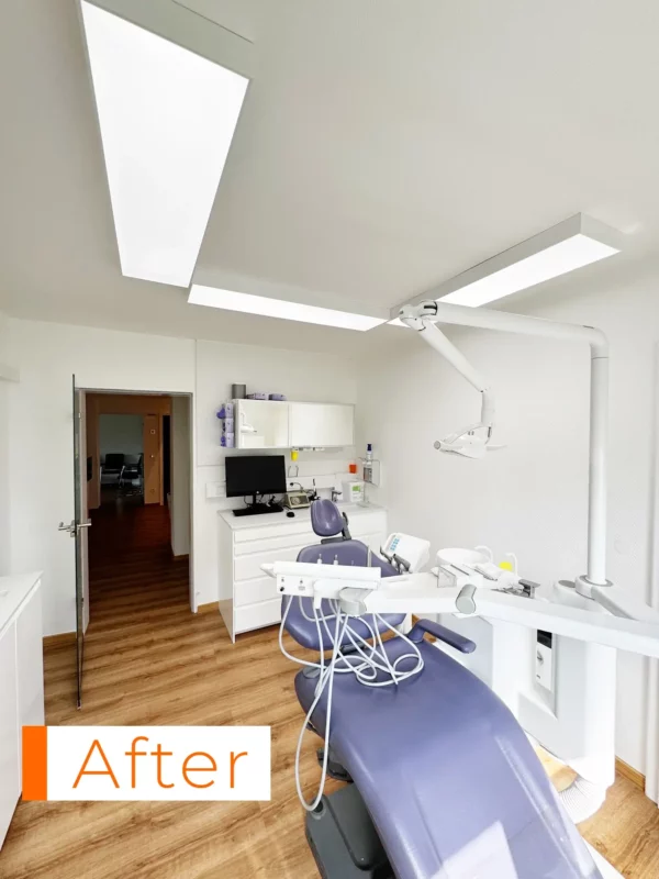 Full Spectrum daylight LED panels providing natural 5000K illumination in a modern German dental clinic.