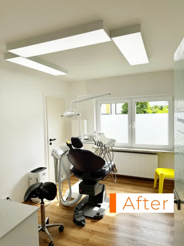 Dentled daylight LED panels creating bright, uniform, and glare-reduced lighting in a contemporary dental treatment room.