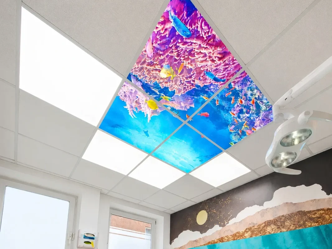Modern dental clinic in Sarstedt featuring Dentled DL62 daylight lighting and custom-printed LED photo panels with underwater imagery.